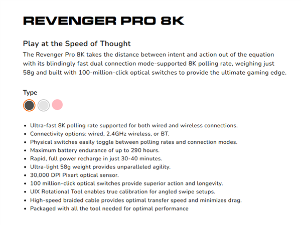 仅58克！骨伽推出Revenger Pro 8K鼠标：三模连接+8K回报率