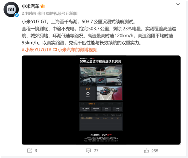 中途不充电!小米YU7 GT续航首测:跑完503.7公里还有23%的电量