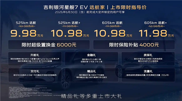 最大续航605km!吉利银河星舰7 EV远航家上市:限时9.98万起