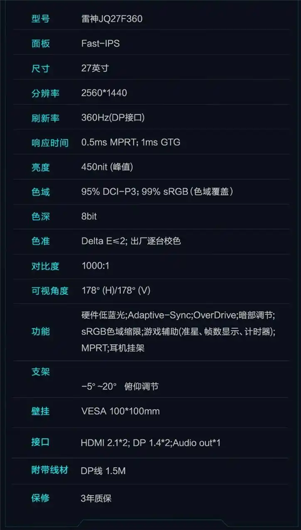 雷神推电竞显示器JQ27F360:2K 360Hz 售价1599元