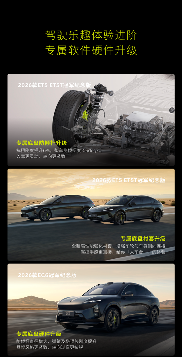 租电20.5万起!蔚来2026款ET5、ET5T、EC6冠军纪念版上市:专属外观设计