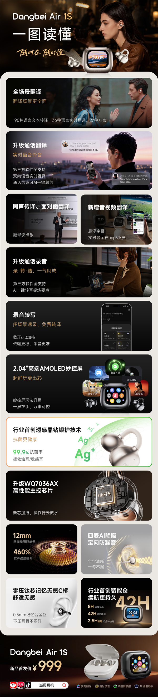 999元!一图看懂当贝Air 1S:能实时翻译的AI耳机
