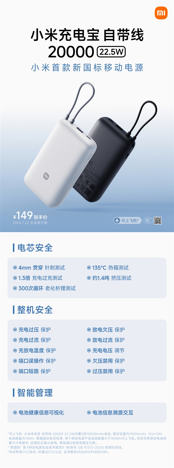 通过针刺、挤压、过充测试！小米首款新国标移动电源官宣：149元、20000mAh