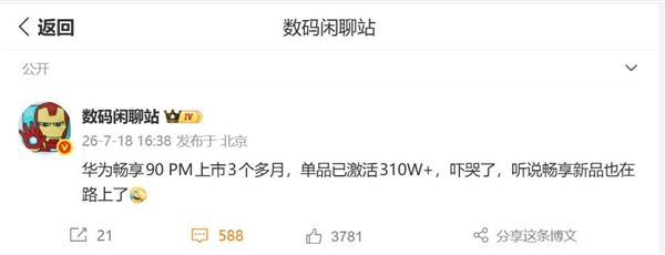 华为畅享90 Pro Max成了千元档销冠:上市3个月激活量突破300万台