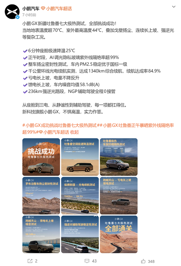 小鹏GX吐鲁番极热实测:座舱温度从55℃降至29℃仅用时6分钟