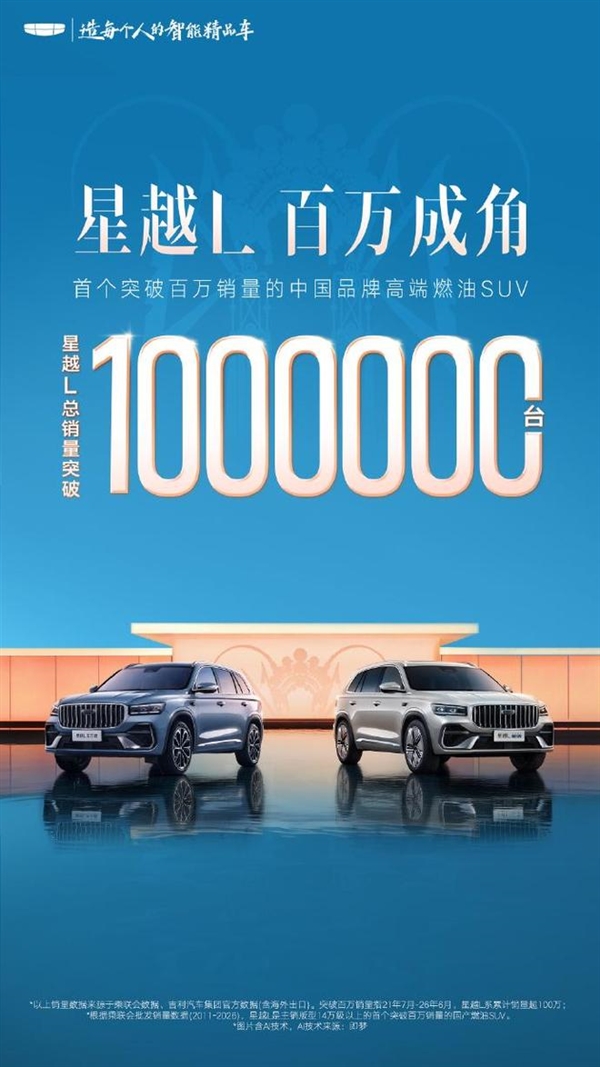 首个中国品牌高端燃油SUV销冠!吉利星越L总销量破100万台